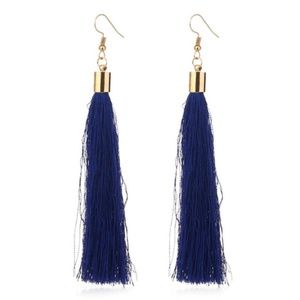 Dark Blue Long Tassels Gold Dangle Drop Earrings